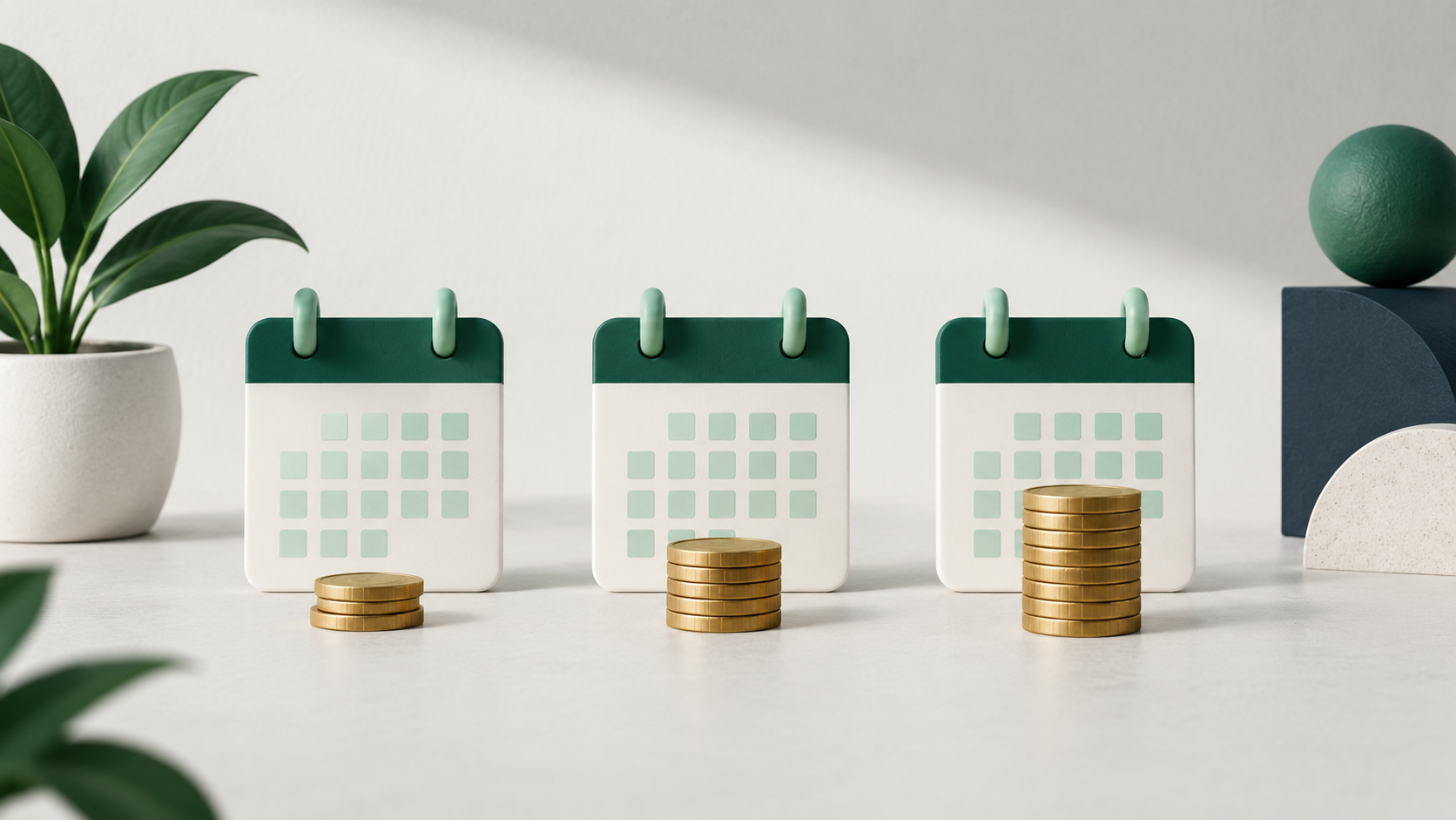 Tři kalendáře a různé počty mincí znázorňují pravidelné investování.