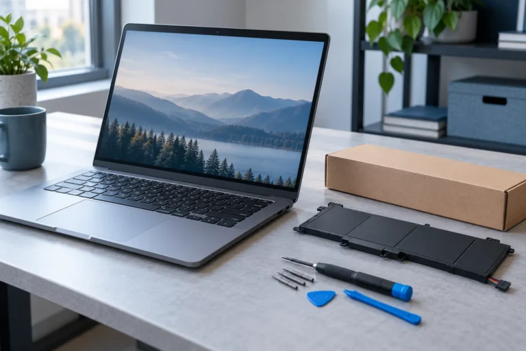 Notebook a náhradní baterie na pracovním stole