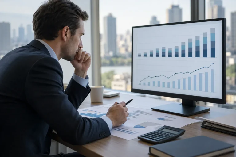 Analytik sleduje grafy firemního financování a dluhu