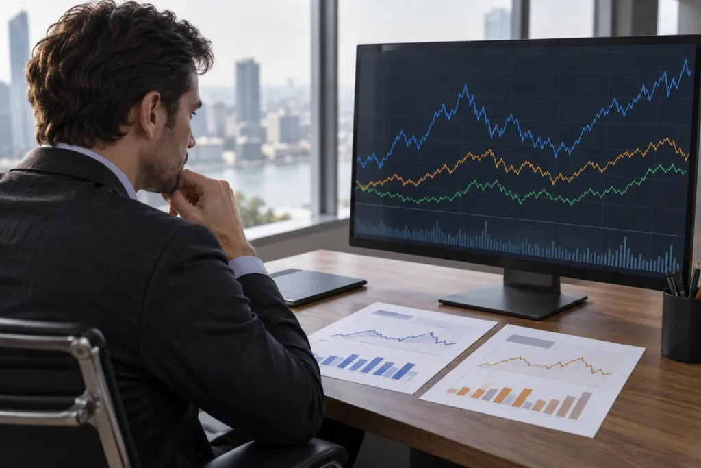 Investiční monitor s různými průběhy denních výnosů a velikostí páky