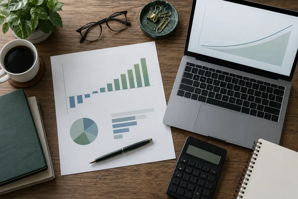 Finanční pracovní stůl s prognózou peněžních toků a oceňovací křivkou na notebooku