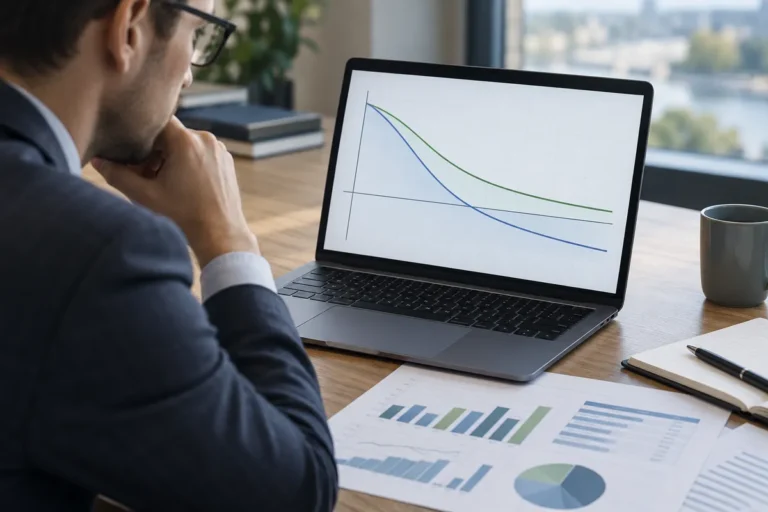 Finanční analýza výnosu s křivkou současné hodnoty protínající základní linii