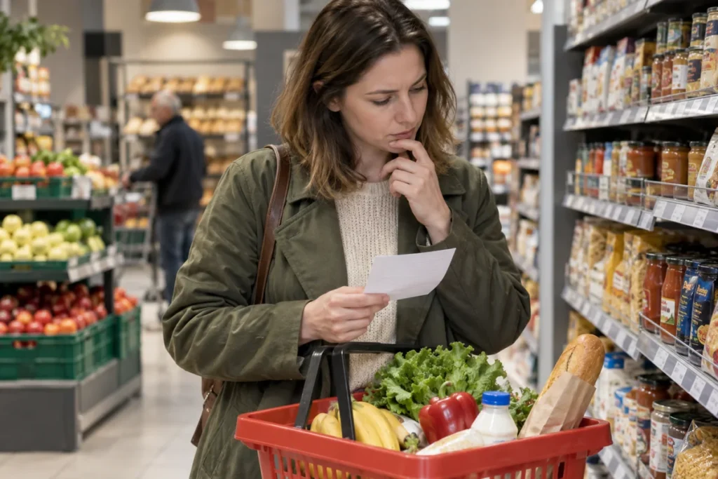 Zákaznice v jednoduchém supermarketu kontroluje nákupní seznam vedle košíku se základními potravinami