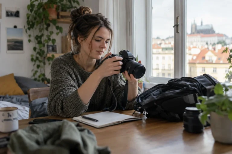 Začínající fotograf u okna zkouší půjčený fotoaparát s brašnou na stole