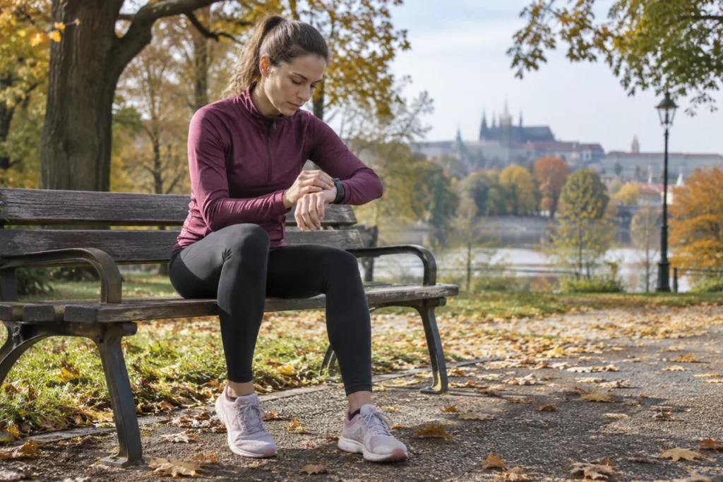 Rekreační běžkyně v parku kontroluje sportovní hodinky