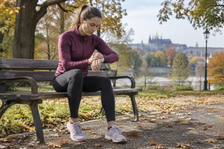 Rekreační běžkyně v parku kontroluje sportovní hodinky