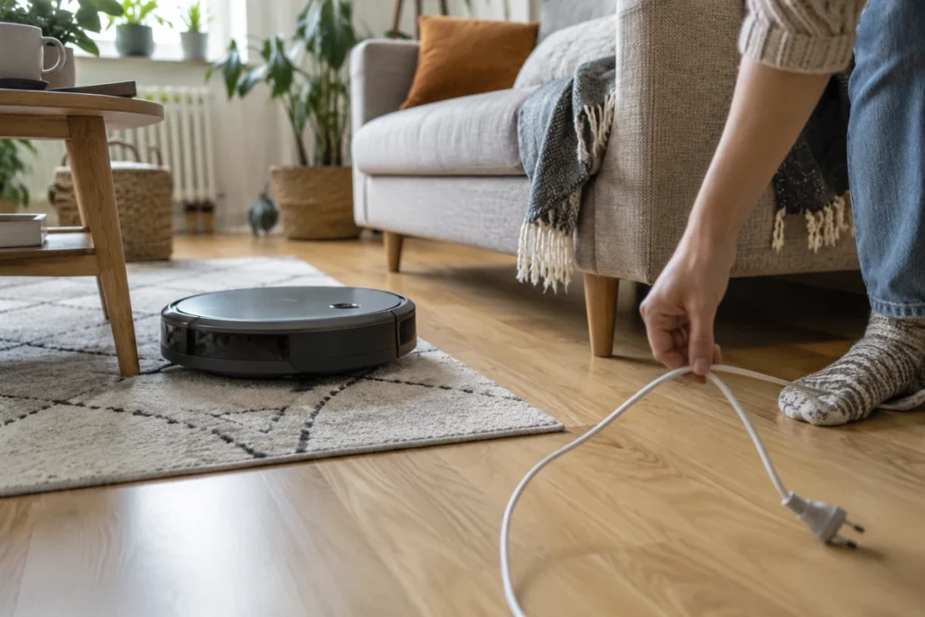 Robotický vysavač v obýváku a člověk odkládající kabel z podlahy