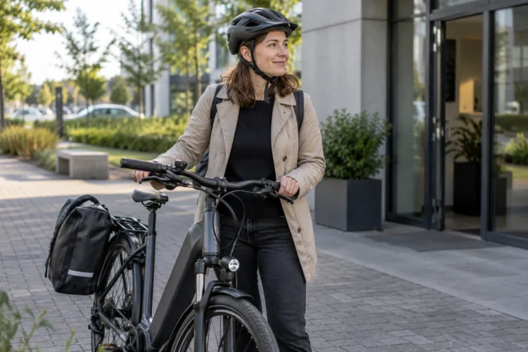 Žena s cyklistickou přilbou stojí vedle elektrokola před pracovištěm
