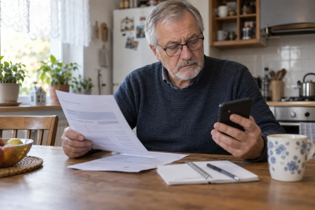 Muž porovnává mobilní telefon s měsíčním vyúčtováním