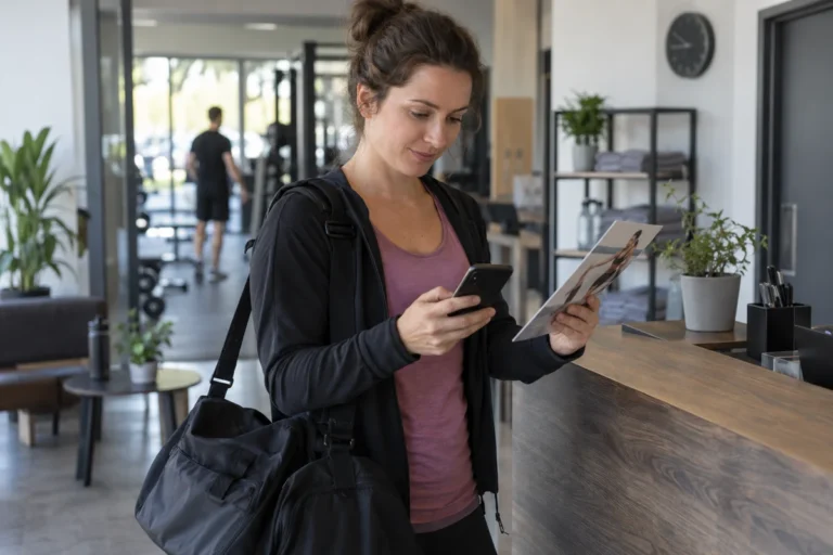 Žena s taškou porovnává nabídku členství s kalendářem u recepce fitness