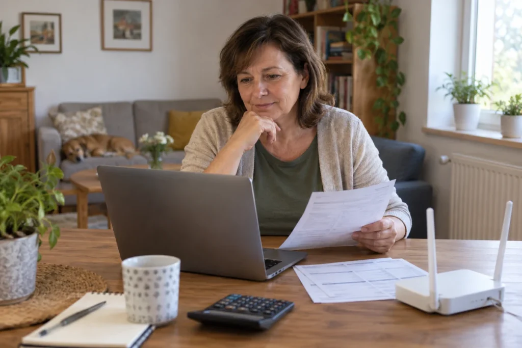 Žena doma porovnává vyúčtování vedle notebooku a routeru