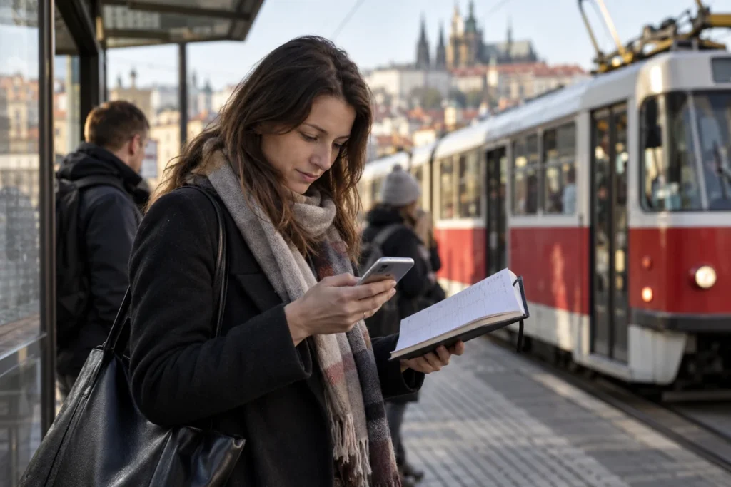 Cestující na tramvajové zastávce porovnává telefon s pracovním rozvrhem