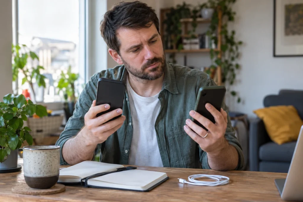 Muž u domácího stolu porovnává dva mobilní telefony