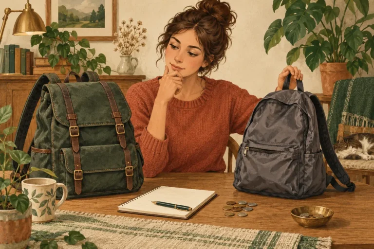 Žena porovnává dva batohy u domácího stolu se zápisníkem a mincemi.