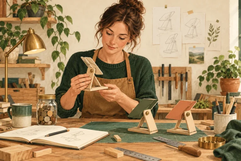 Žena v malé dílně zkouší dřevěný prototyp vedle dalších verzí a zápisníku.