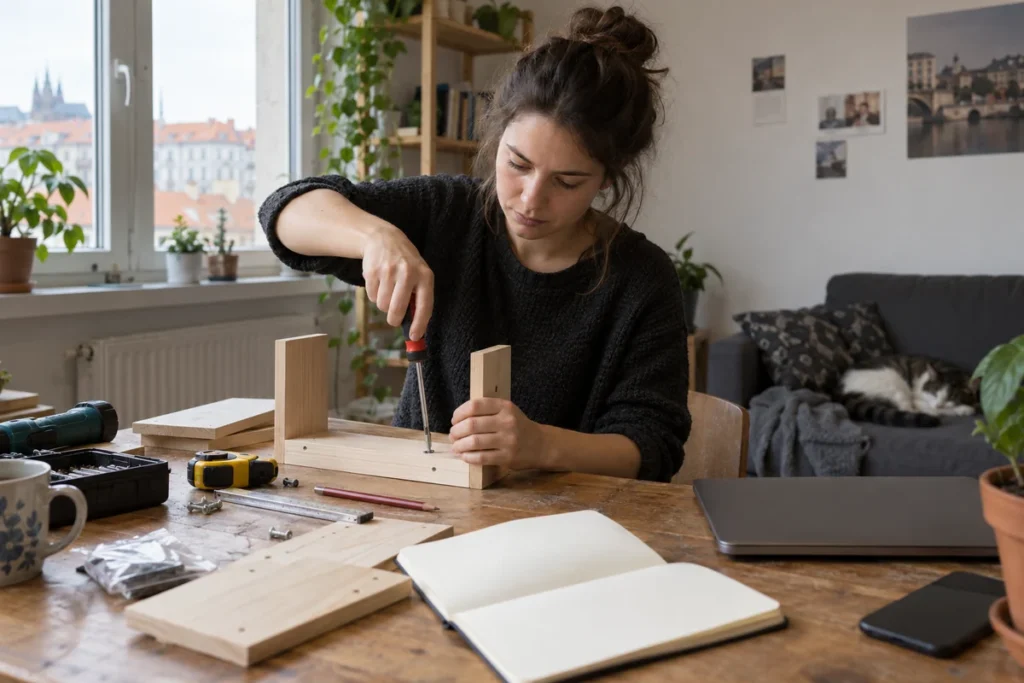 Žena u pracovního stolu zkouší vlastní projekt s jednoduchým nářadím, zápisníkem a notebookem.