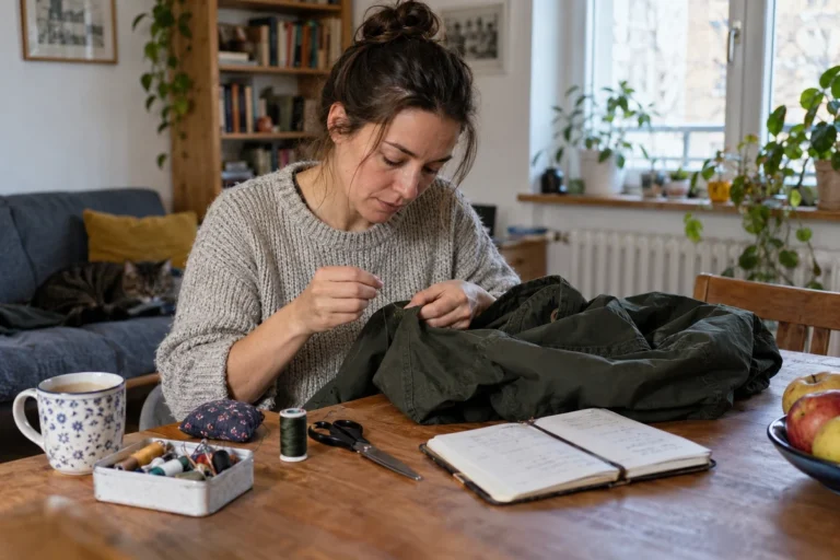 Žena doma opravuje bundu a zvažuje náklady na další používání.