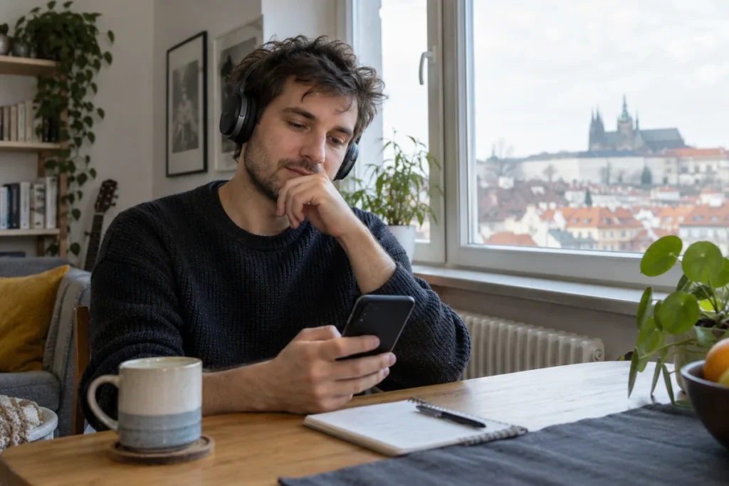 Muž se sluchátky doma kontroluje telefon a přemýšlí nad pravidelnou platbou za hudební službu.