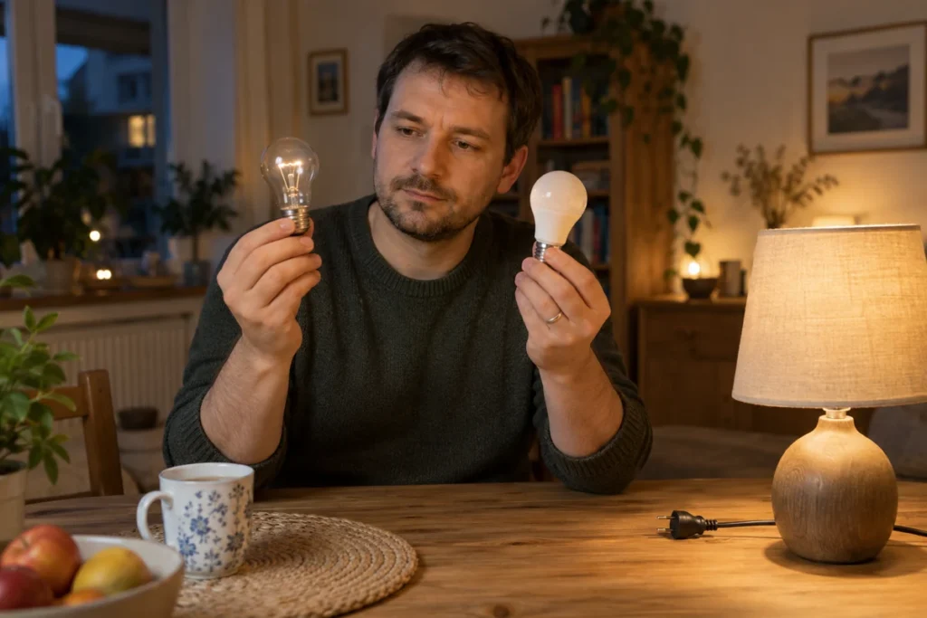 Muž u stolu porovnává vláknovou a LED žárovku vedle lampy