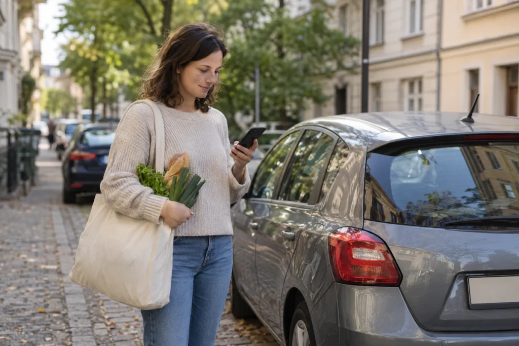 Člověk s nákupní taškou kontroluje telefon vedle zaparkovaného auta