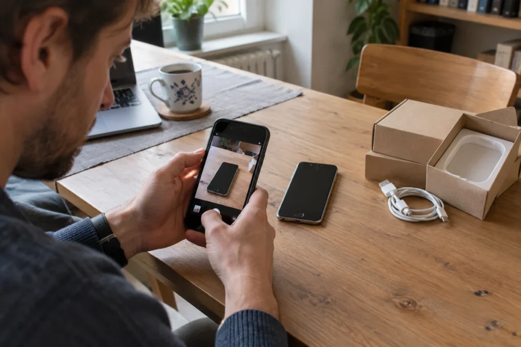 Muž u domácího stolu fotografuje starší telefon pro nabídku k prodeji