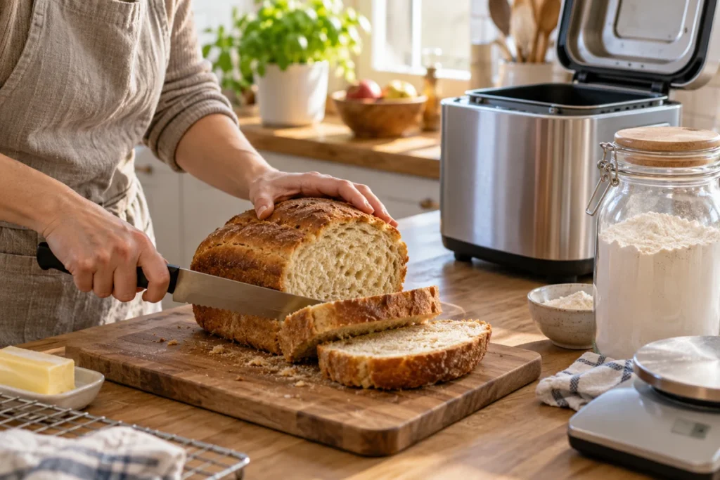 Domácí pekárna vedle nakrojeného bochníku chleba na kuchyňské lince