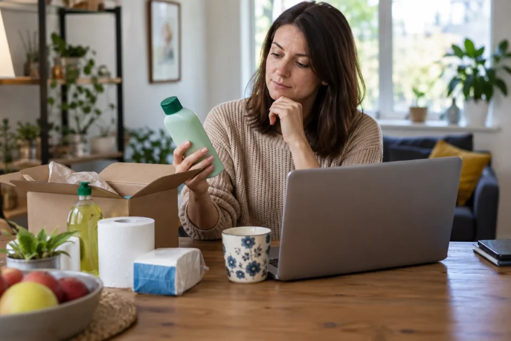 Žena u stolu porovnává obsah malé zásilky s online nákupem
