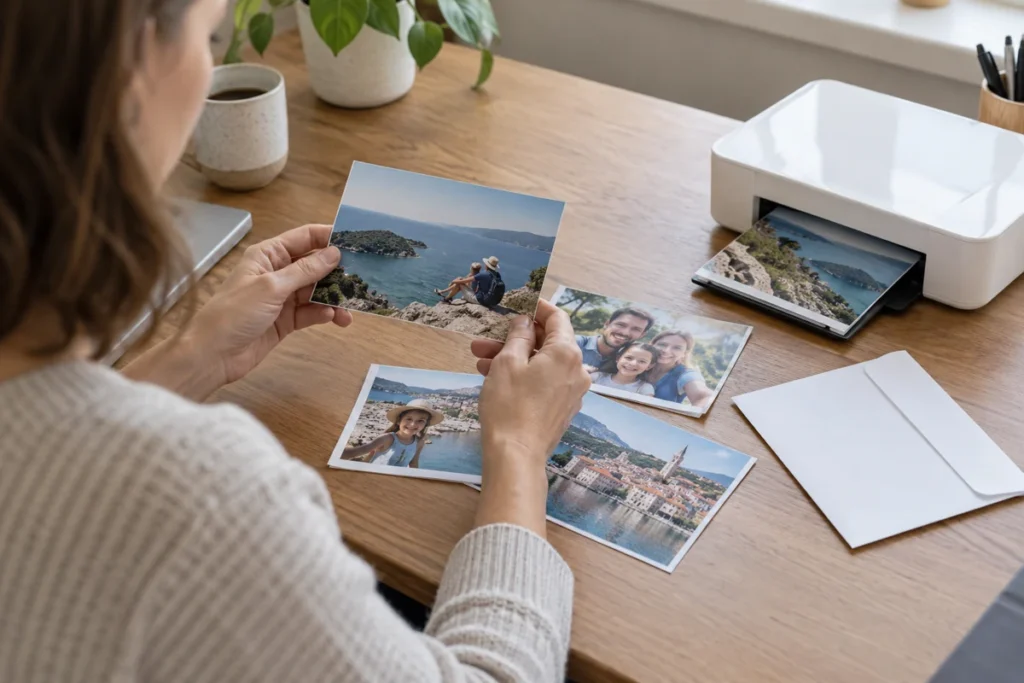 Člověk prohlíží vytištěné fotografie vedle domácí fototiskárny
