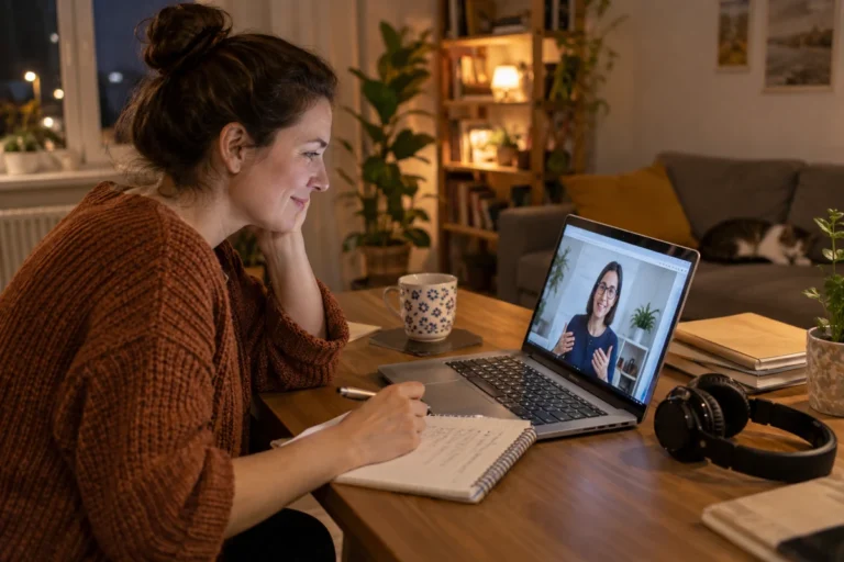 Žena u domácího stolu sleduje jazykovou lekci s lektorkou na notebooku