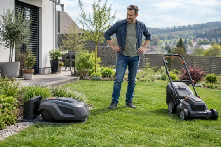 Muž porovnává robotickou a akumulátorovou sekačku na zahradě