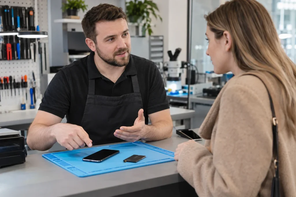 Zákaznice se radí se servisním technikem u telefonu a náhradní baterie
