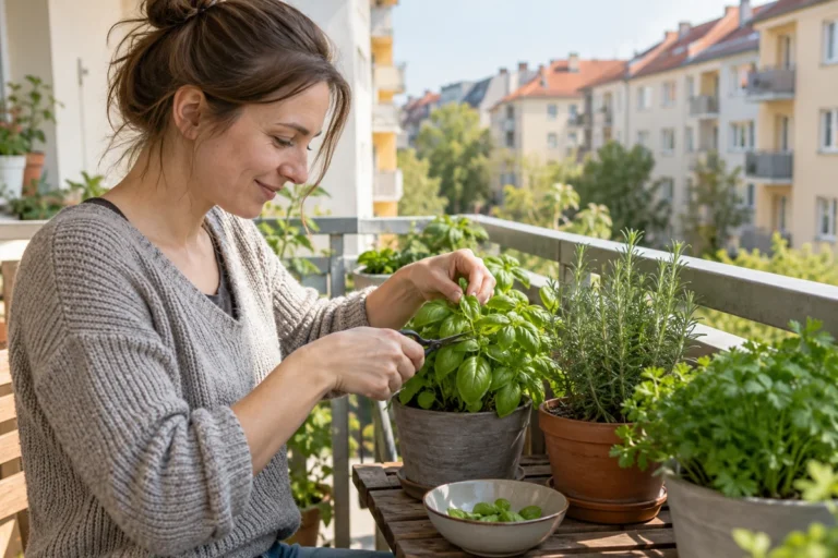 Žena sklízí čerstvé lístky bazalky z květináče na balkoně