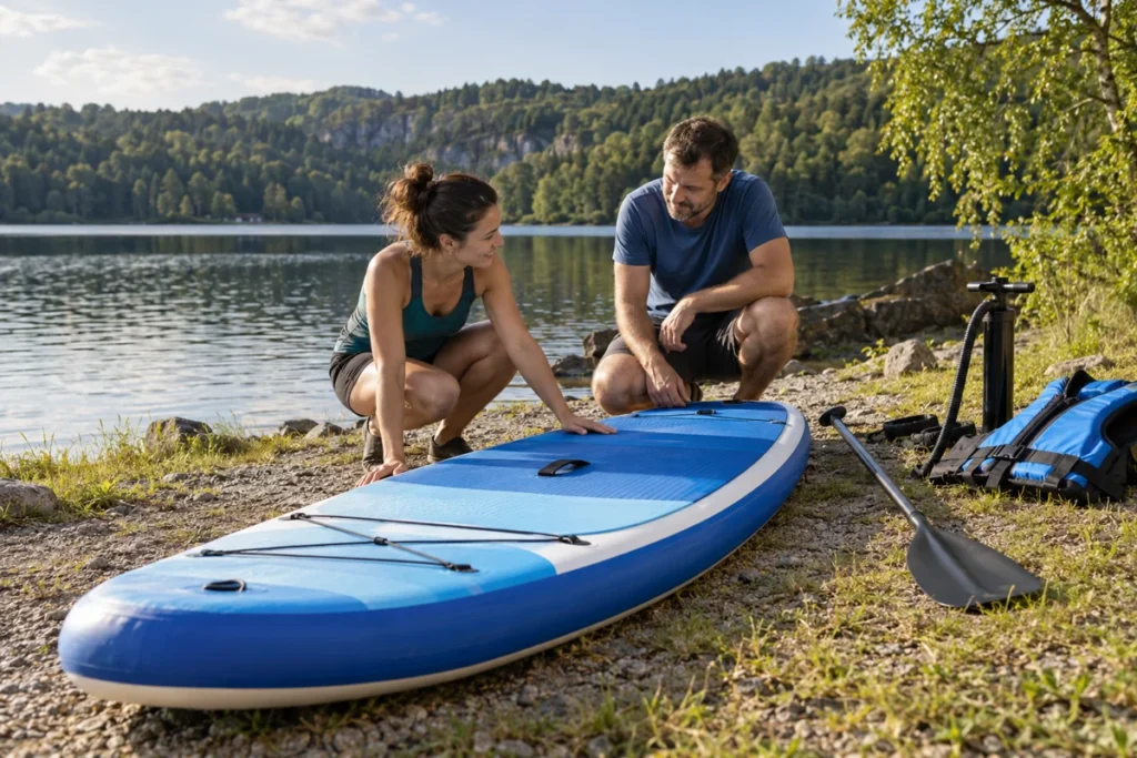 Dva dospělí kontrolují paddleboard a vybavení na břehu jezera
