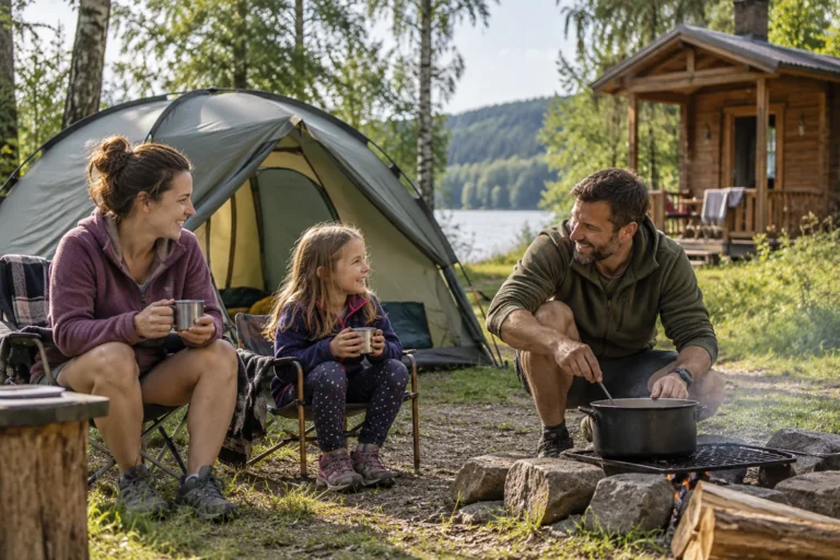 Rodina odpočívá u stanu v kempu s dřevěnou chatkou v pozadí
