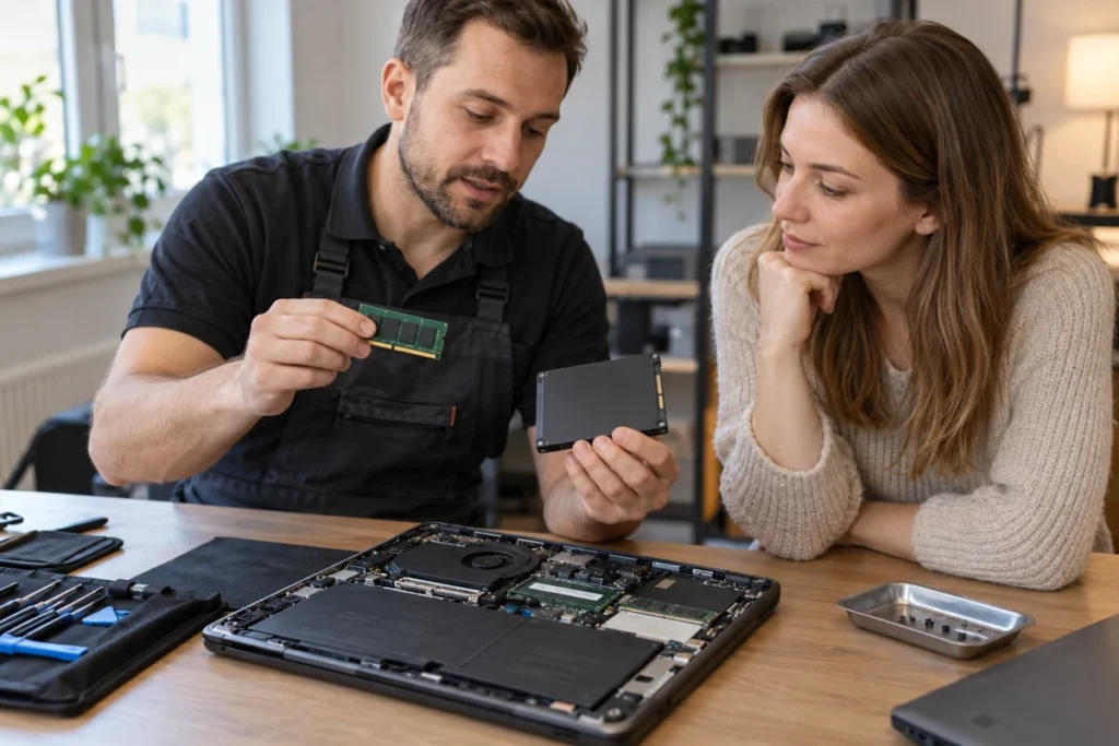 Technik ukazuje zákaznici paměť RAM a SSD vedle otevřeného notebooku