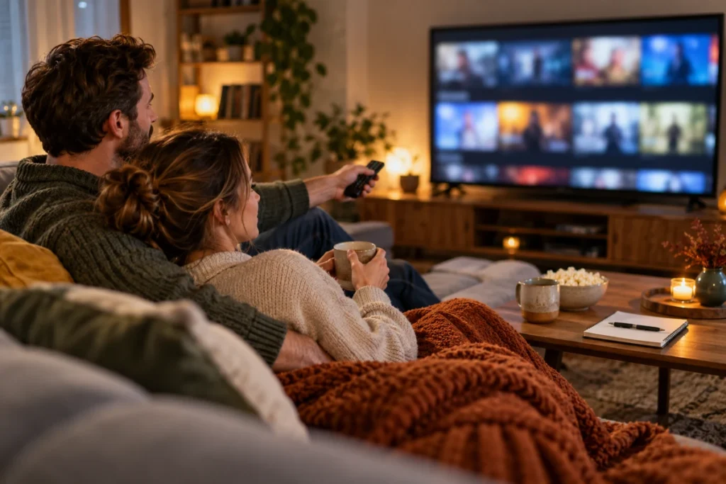 Dvojice vybírá film na televizoru během večera na pohovce
