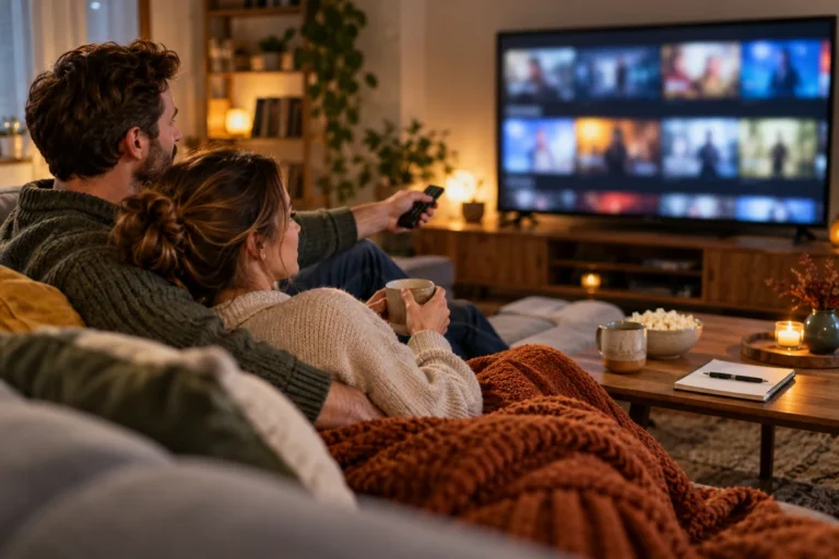 Dvojice vybírá film na televizoru během večera na pohovce