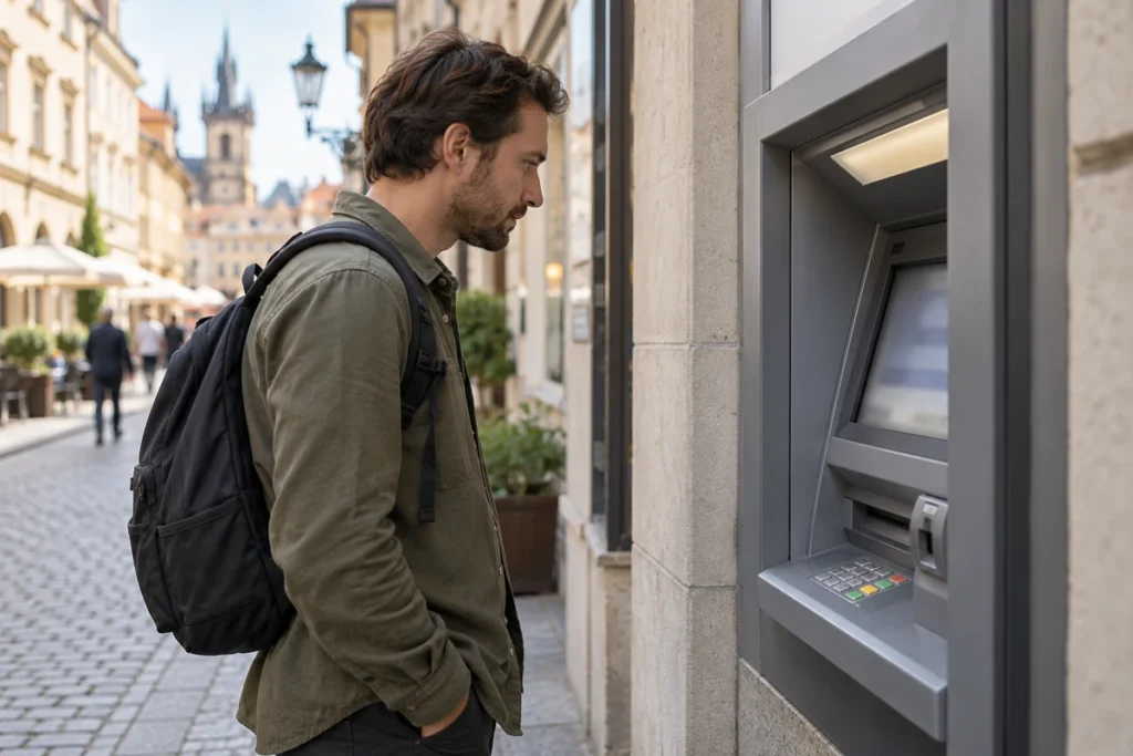 Cestující s batohem stojí u bankomatu v zahraničním městě