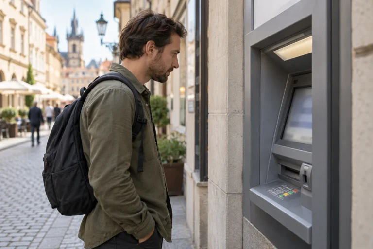 Cestující s batohem stojí u bankomatu v zahraničním městě