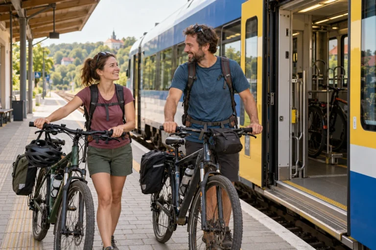 Dva cestující s turistickými koly stojí na nástupišti vedle vlaku