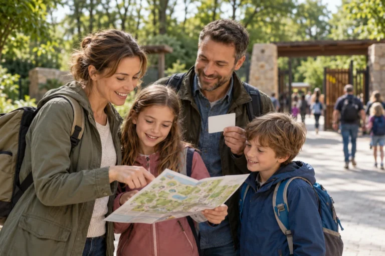 Čtyřčlenná rodina prohlíží mapu a vstupní kartu při návštěvě zoo
