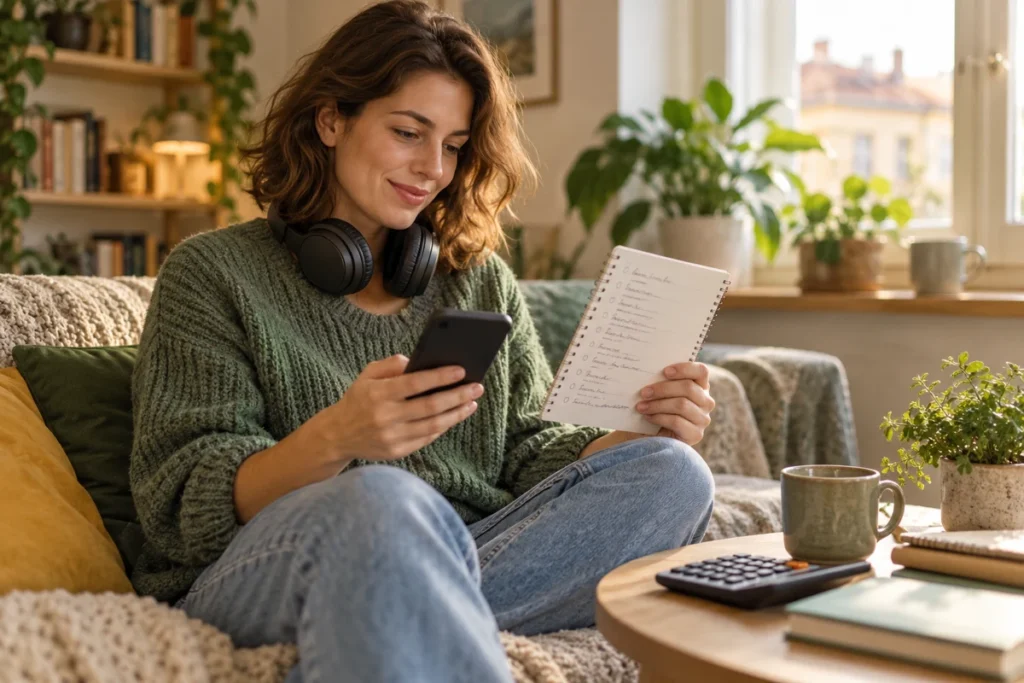 Žena se sluchátky prohlíží telefon a seznam audioknih vedle kalkulačky