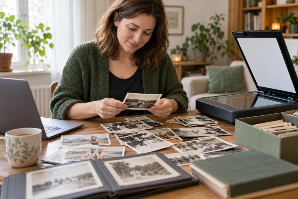 Žena třídí staré papírové fotografie vedle otevřeného skeneru a notebooku