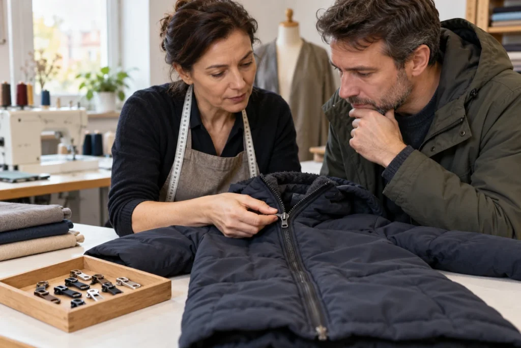 Pracovnice opravny se zákazníkem prohlížejí zip zimní bundy položené na stole