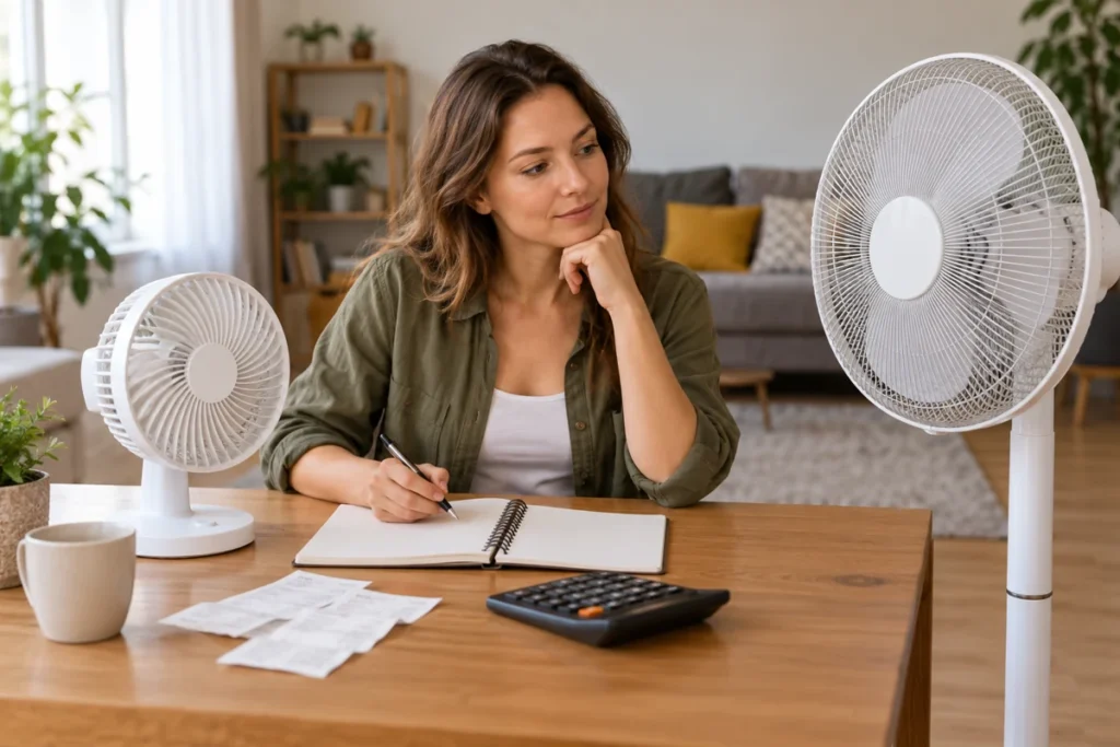 Žena porovnává dva ventilátory s rozpočtem provozu v obývacím pokoji