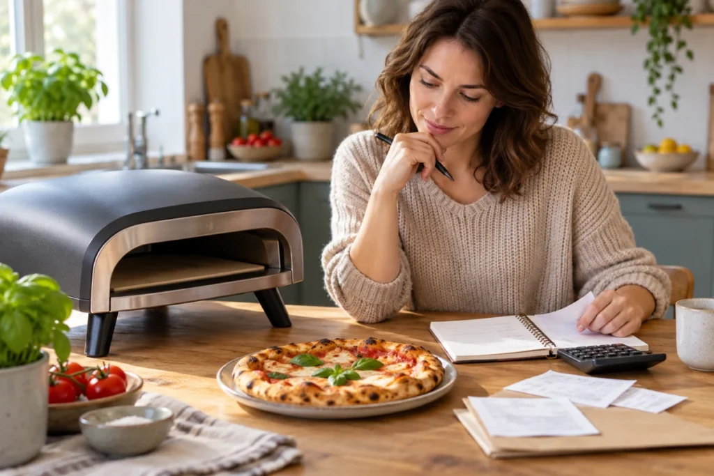 Žena u stolní pizza pece a hotové pizzy plánuje cenu domácí přípravy