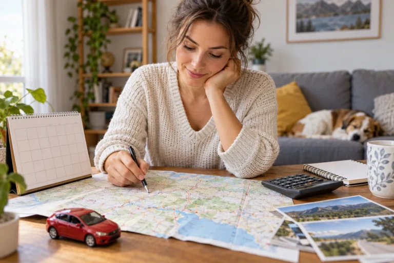 Žena s kalendářem a mapou plánuje dálniční cesty a jejich rozpočet