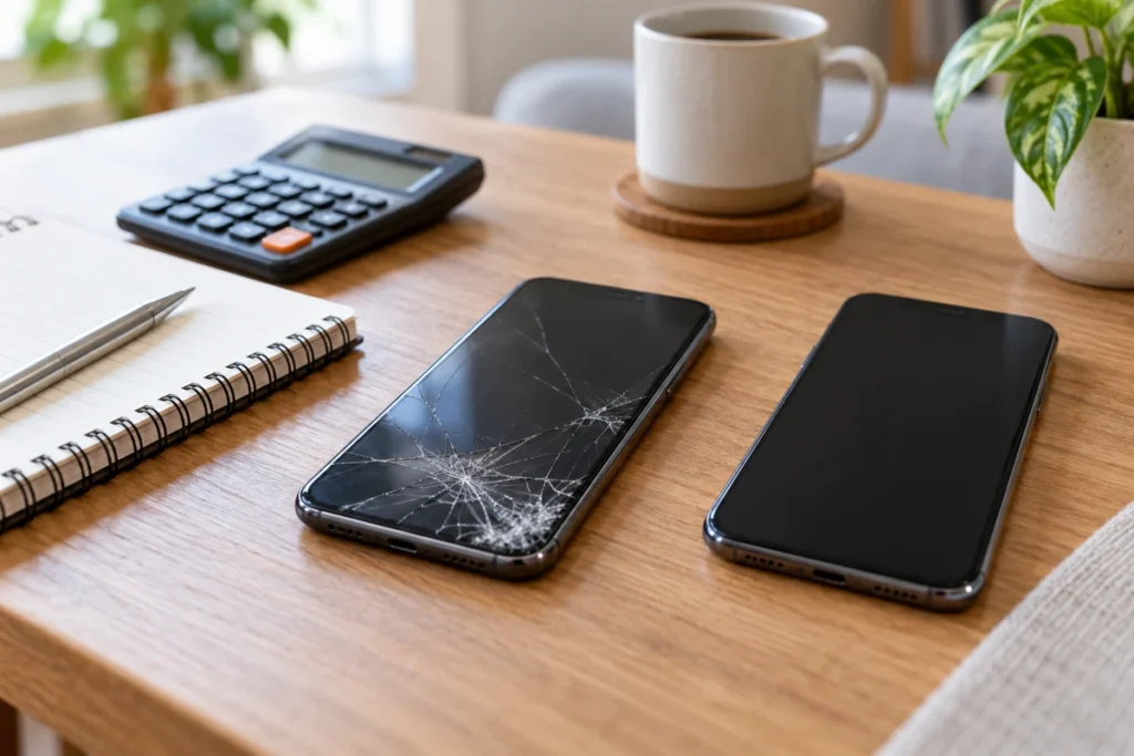 Telefon s prasklým předním sklem vedle druhého telefonu a rozpočtu opravy