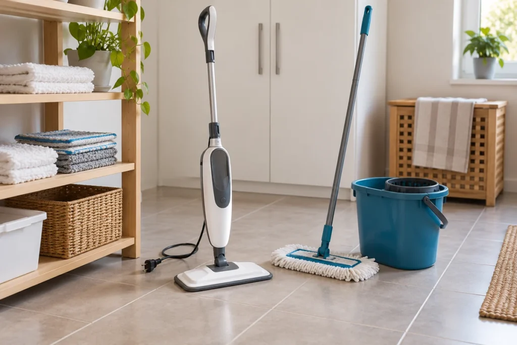 Odpojený parní mop a běžný mop s kbelíkem na keramické dlažbě