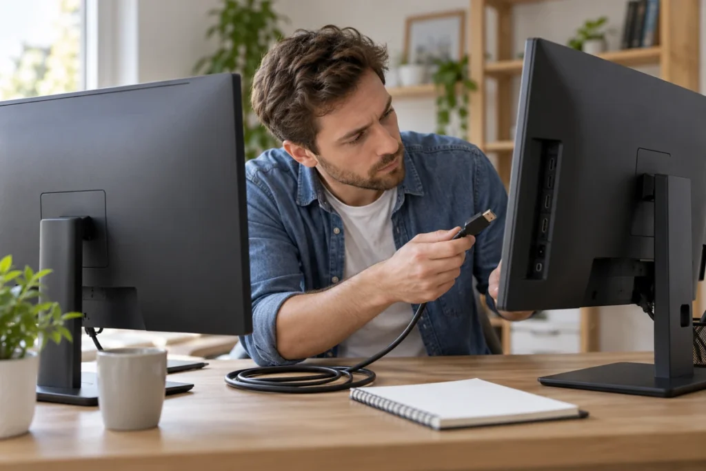 Dva monitory a připojovací kabel u domácího pracovního stolu